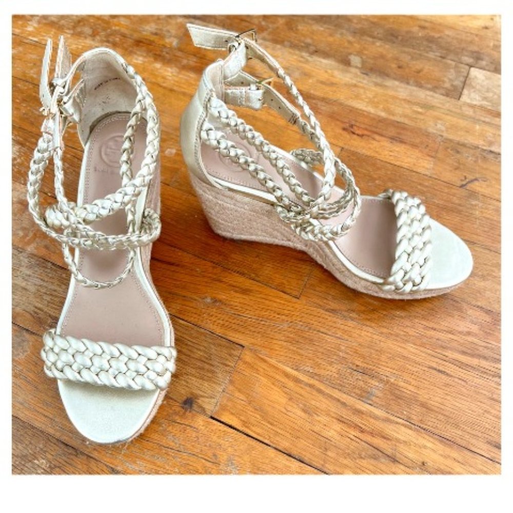 Tory Burch Gold Braided Espadrille Wedge Sandals • Size 7